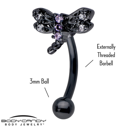 16G 5/16 Purple CZ Gem Black Night Dragonfly Curved Eyebrow Ring