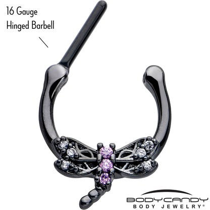 16G 5/16 Purple CZ Gem Black Night Dragonfly Cartilage Clicker