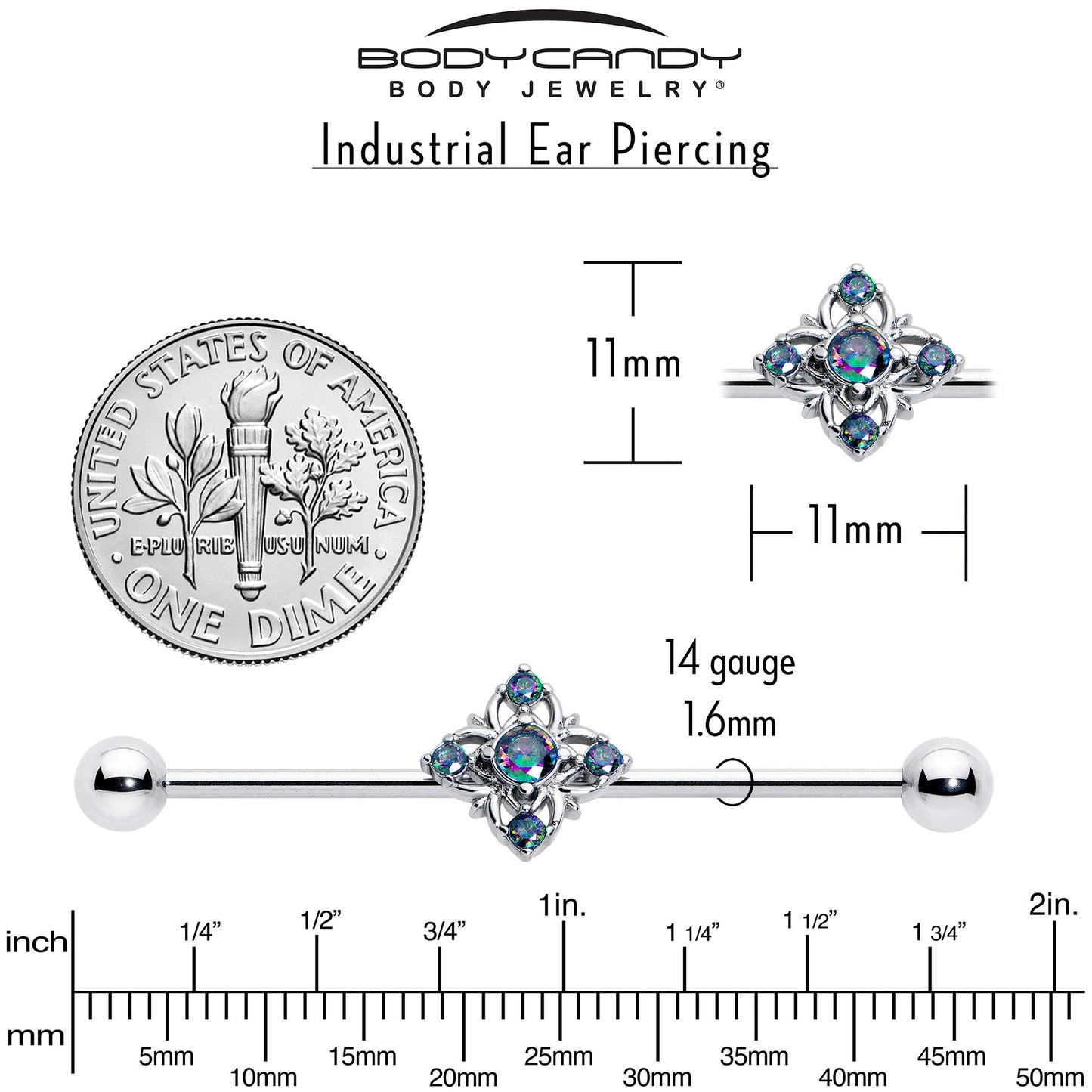14G Vitrail CZ Gem Beauty Cross Industrial Barbell 38mm