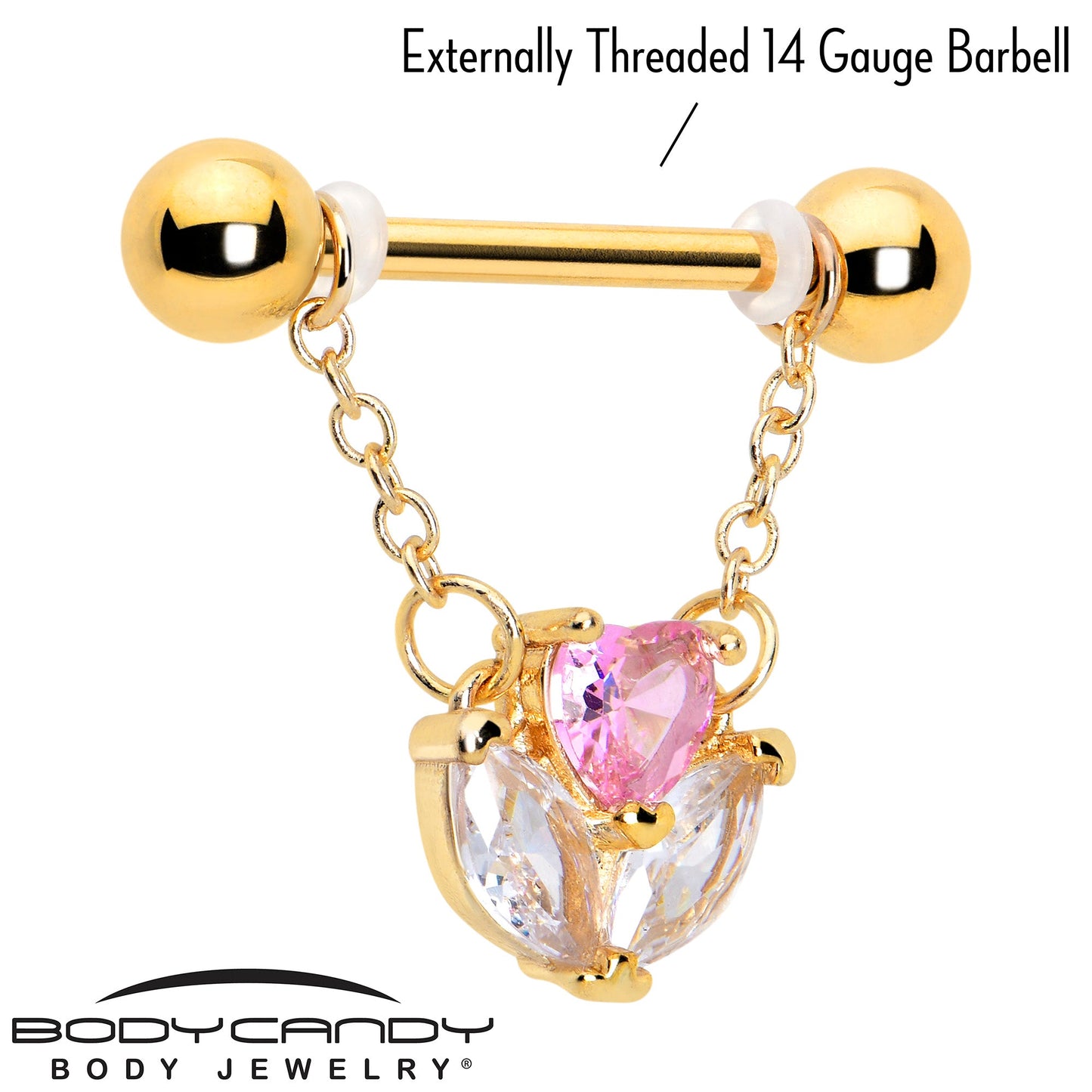 14G 9/16 Pink CZ Gem Gold Tone Love Flower Dangle Nipple Ring Set