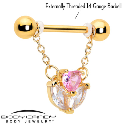 14G 9/16 Pink CZ Gem Gold Tone Love Flower Dangle Nipple Ring Set