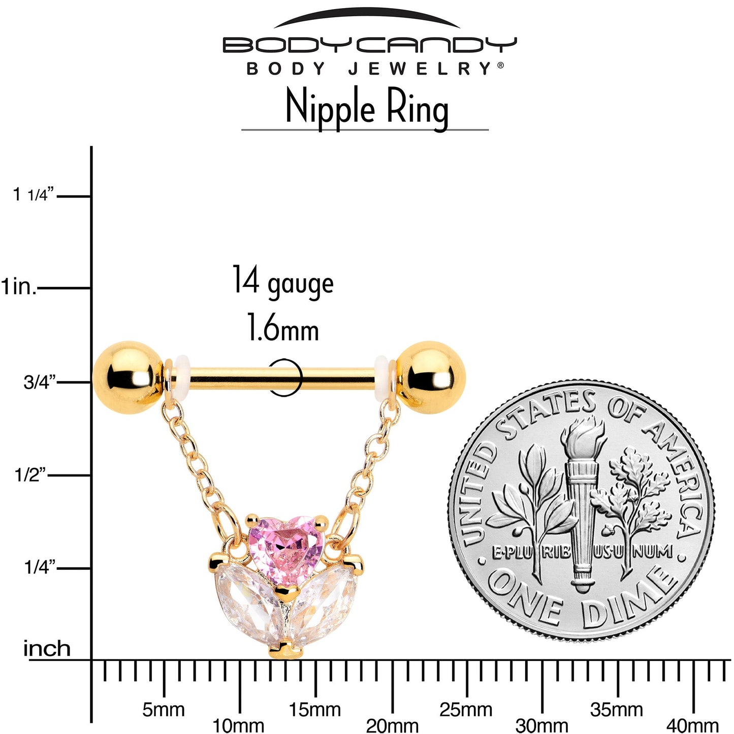 14G 9/16 Pink CZ Gem Gold Tone Love Flower Dangle Nipple Ring Set