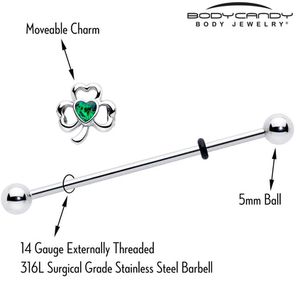 14G Green Gem Heart Shamrock St Patricks Day Industrial Barbell 38mm