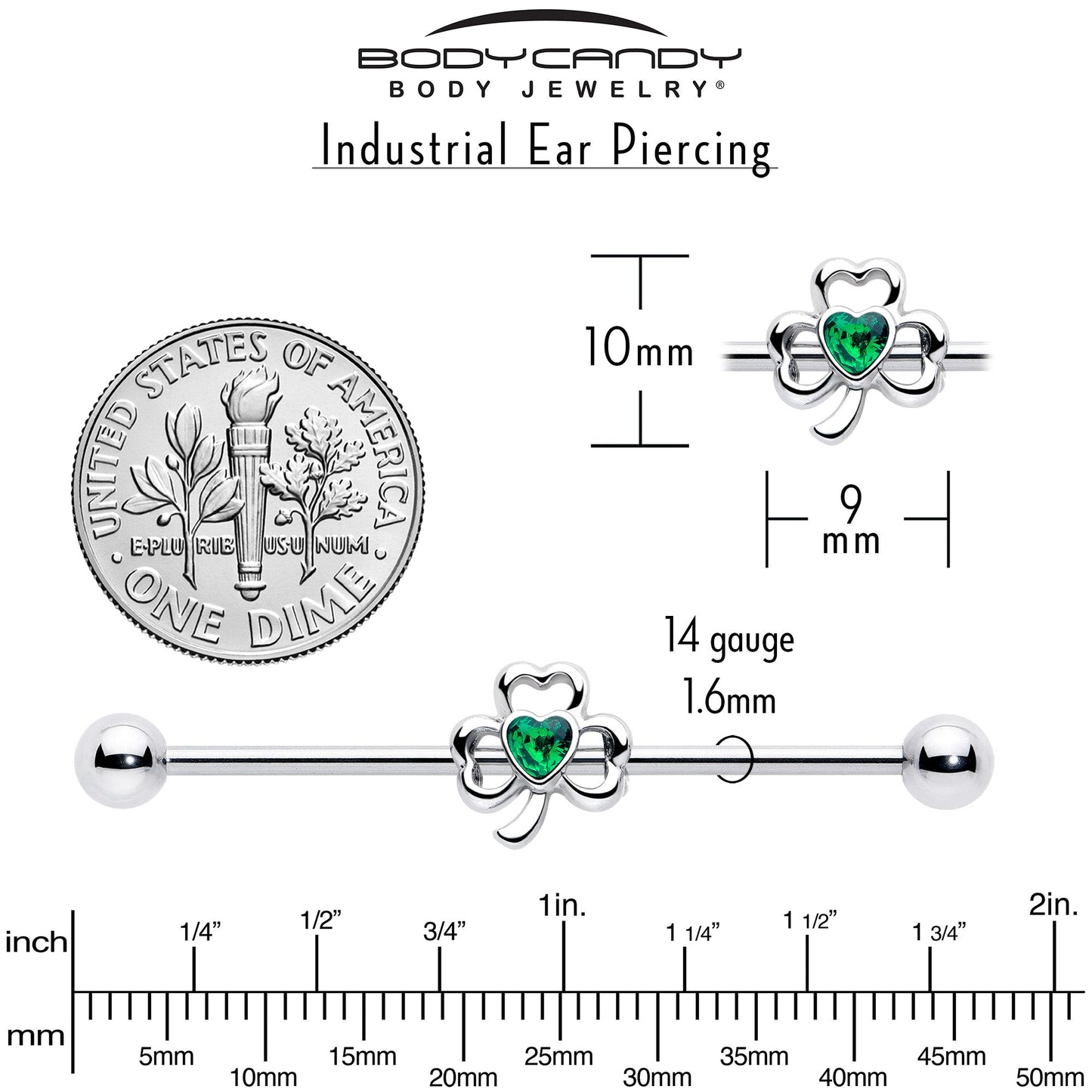 14G Green Gem Heart Shamrock St Patricks Day Industrial Barbell 38mm