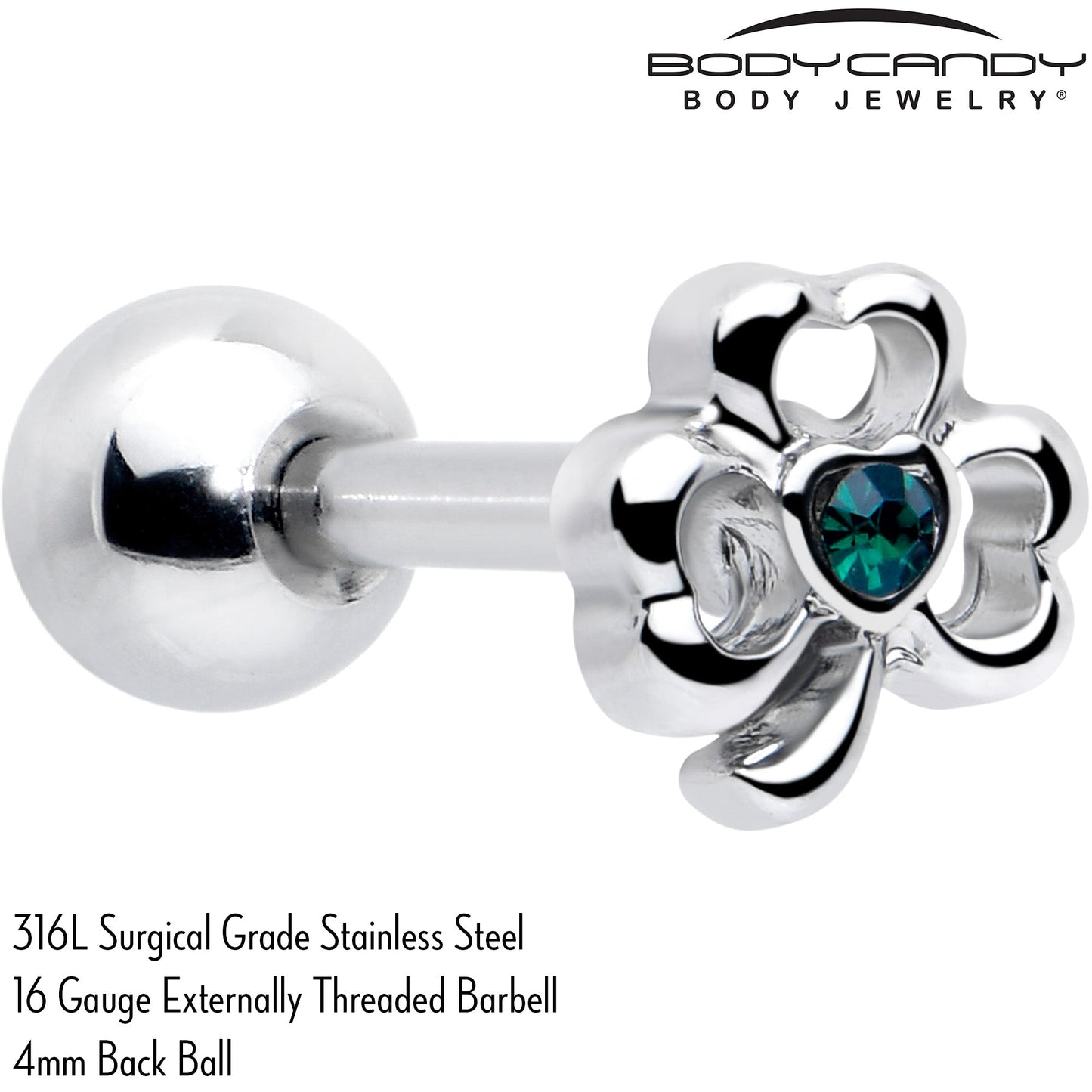 16G 5/16 Green Gem Heart Shamrock St Patricks Cartilage Earring