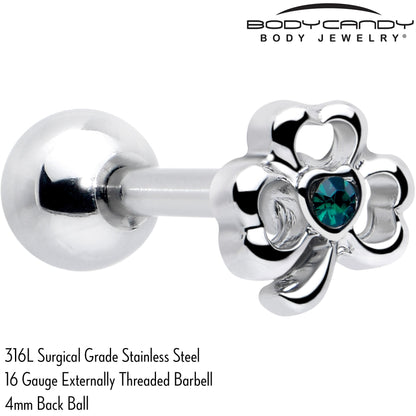 16G 5/16 Green Gem Heart Shamrock St Patricks Cartilage Earring