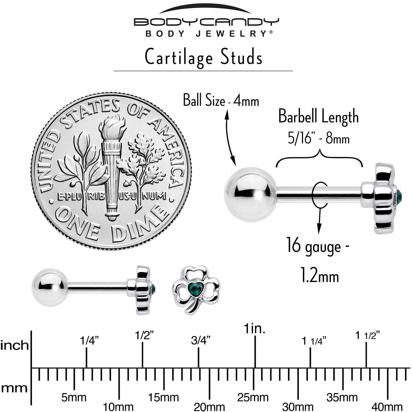 16G 5/16 Green Gem Heart Shamrock St Patricks Cartilage Earring