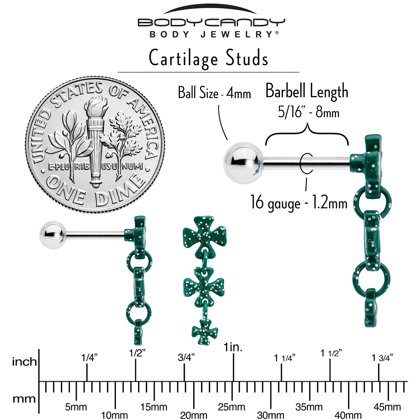 16G 5/16 Polka Dot Shamrock Dangle Cartilage Tragus Earring