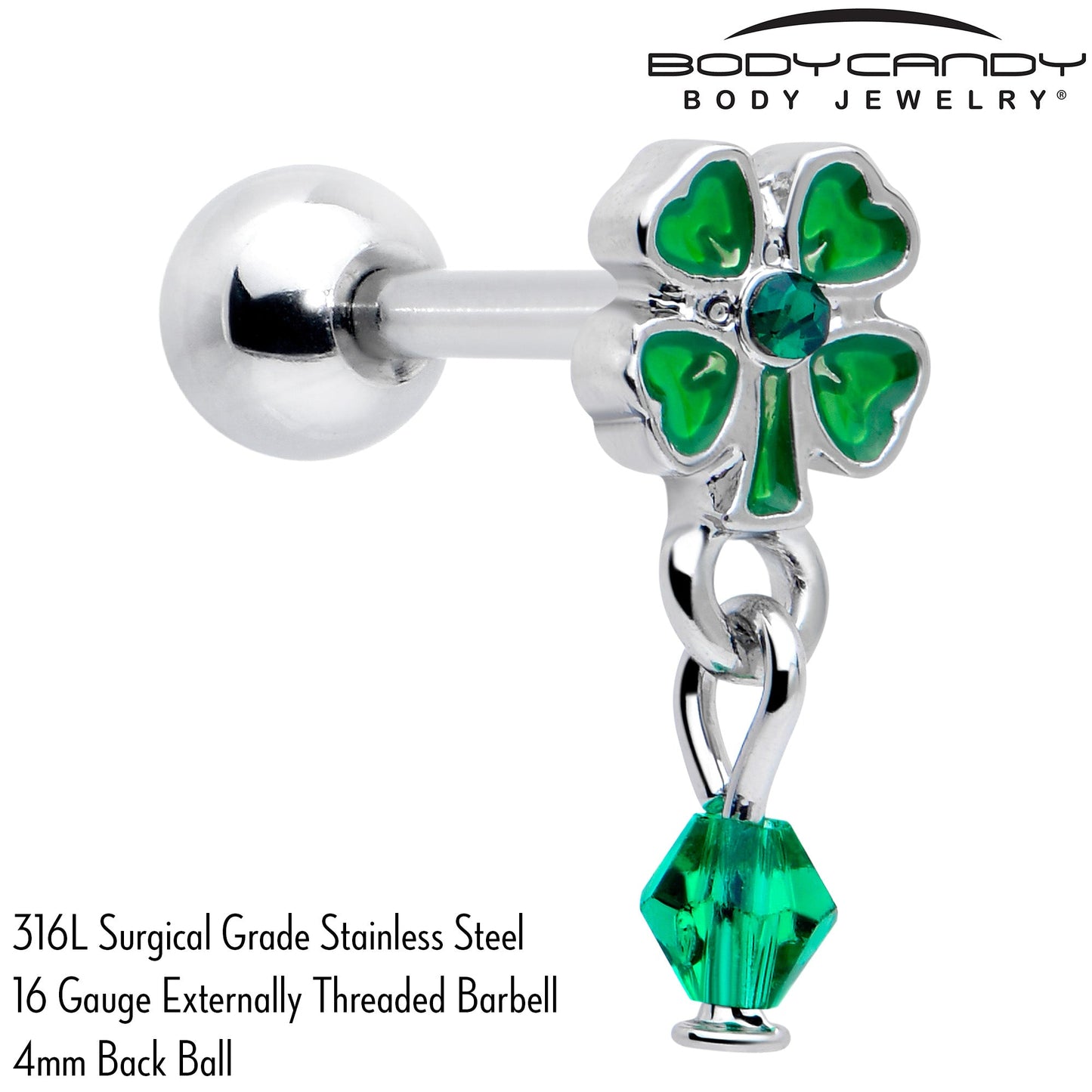 16G 5/16 Green Gem Shamrock Glam St Patricks Dangle Cartilage Earring