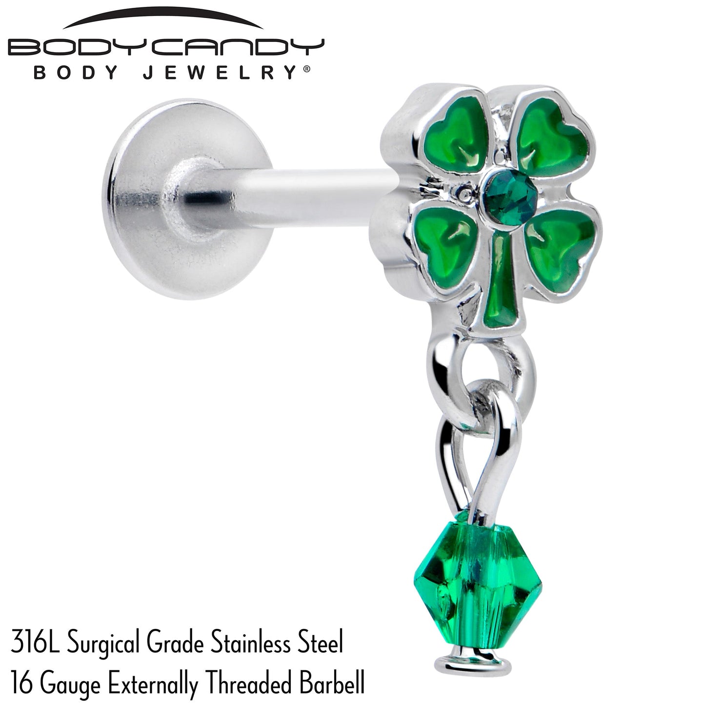 16G 5/16 Green Gem Shamrock Glam St Patricks Dangle Labret Tragus