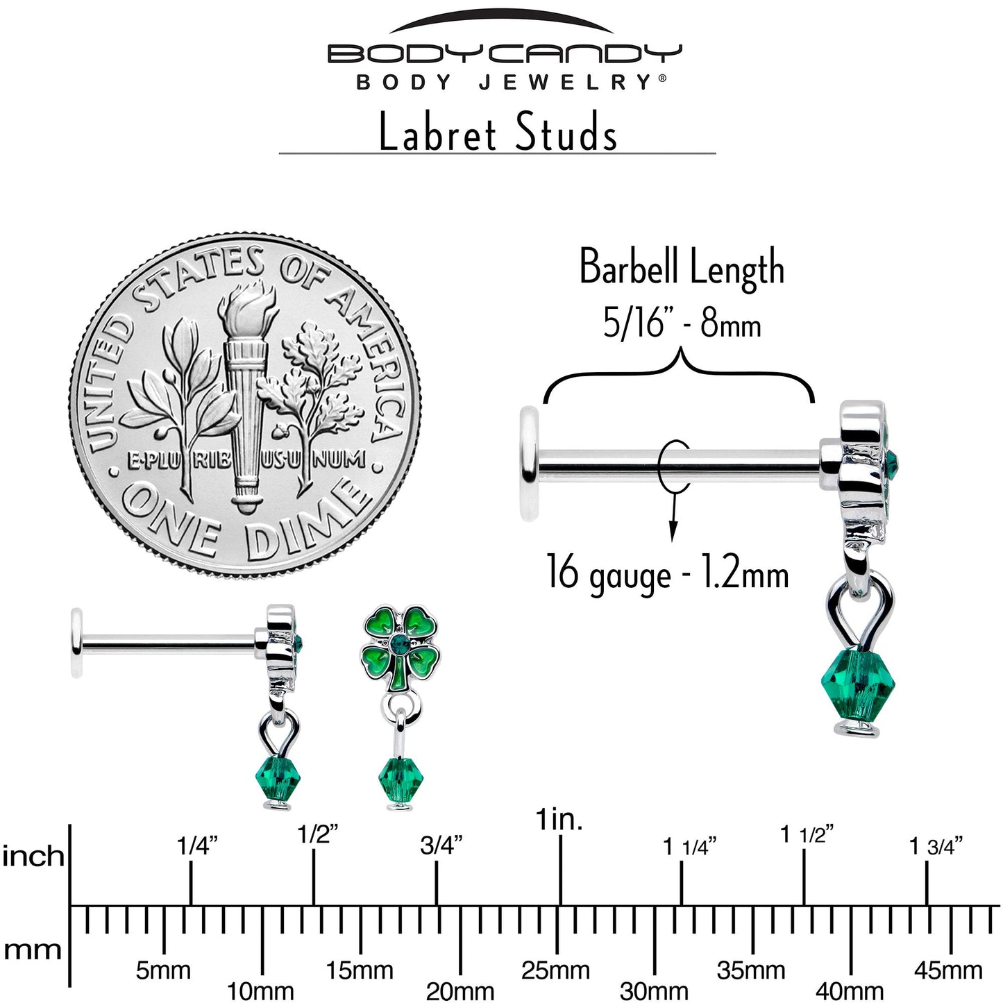 16G 5/16 Green Gem Shamrock Glam St Patricks Dangle Labret Tragus