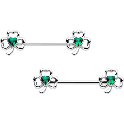 14G 3/4 Green Gem Heart Shamrock St Patricks Nipple Ring Set