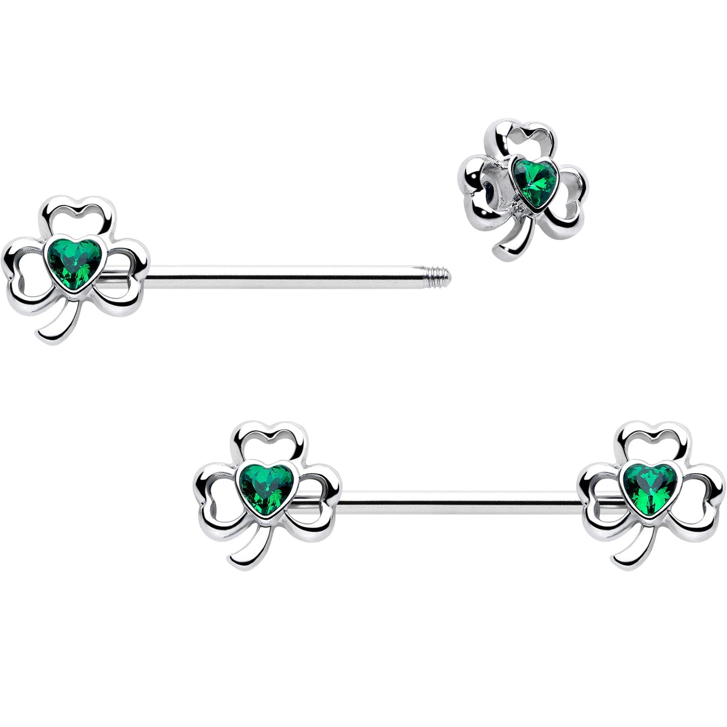 14G 3/4 Green Gem Heart Shamrock St Patricks Nipple Ring Set