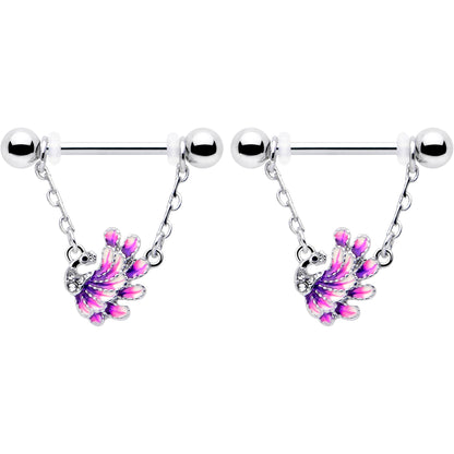 14G 9/16 Clear Gem Peacock Purple Chain Dangle Nipple Ring Set