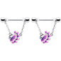 14G 9/16 Clear Gem Peacock Purple Chain Dangle Nipple Ring Set