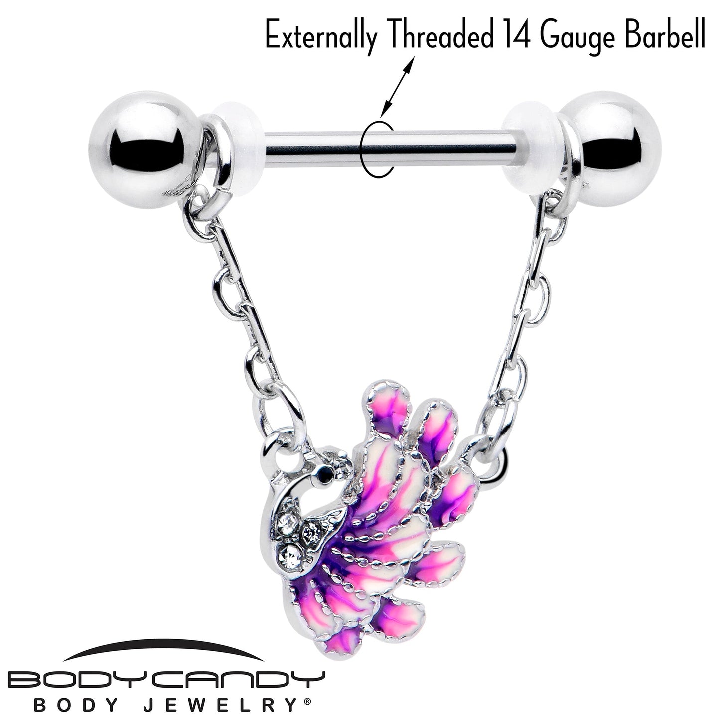 14G 9/16 Clear Gem Peacock Purple Chain Dangle Nipple Ring Set