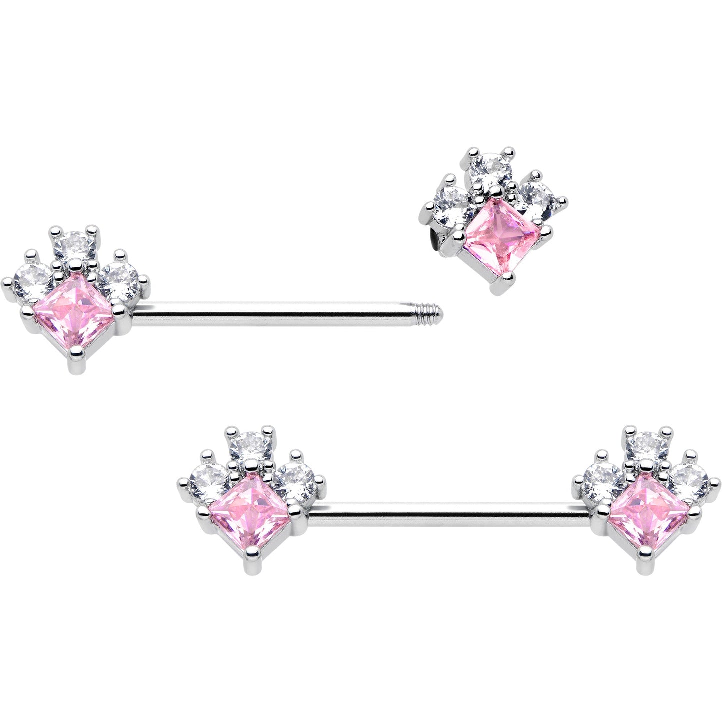 14G 9/16 Pink Clear CZ Gem Rhombus Riot Barbell Nipple Ring Set
