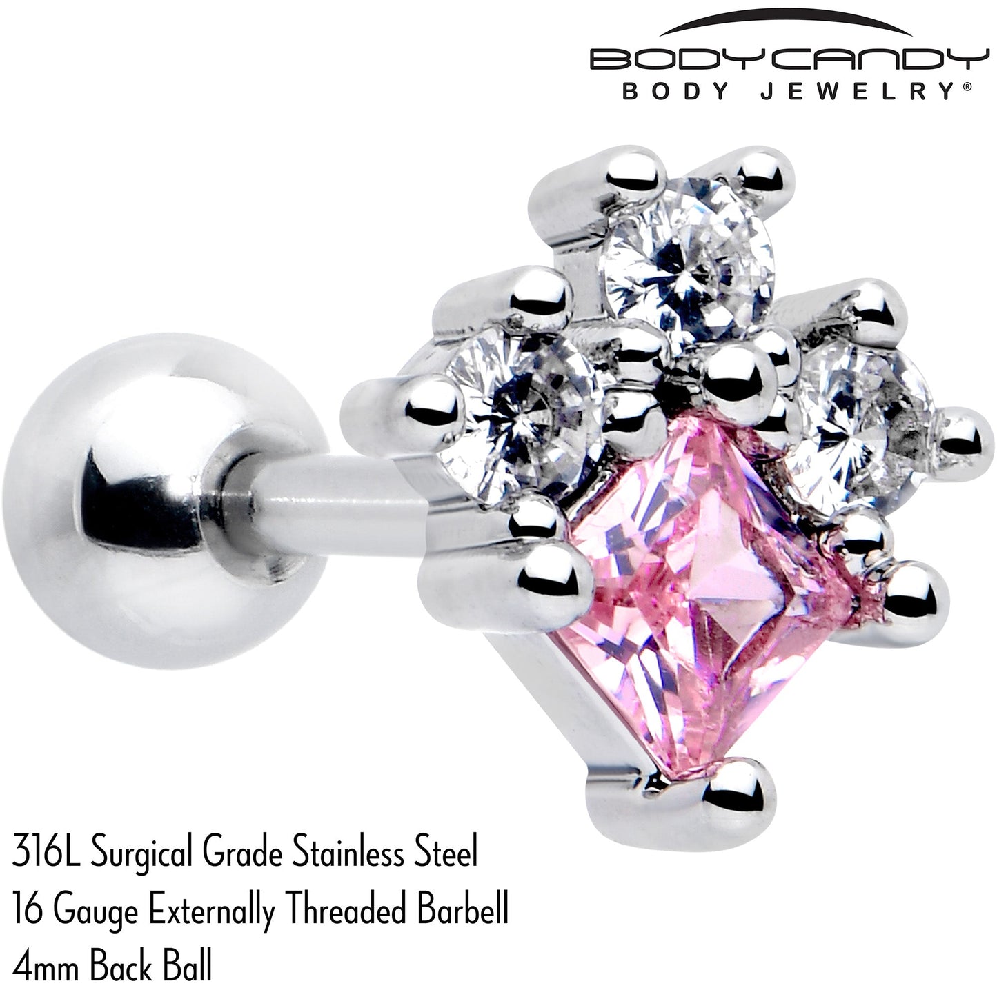16G 1/4 Pink Clear CZ Gem Rhombus Riot Cartilage Tragus Earring