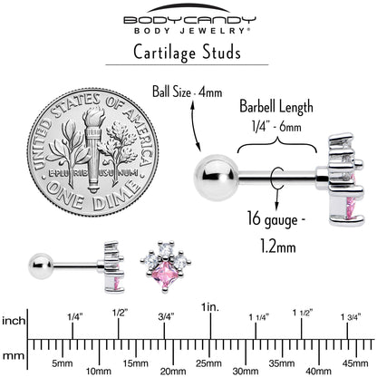 16G 1/4 Pink Clear CZ Gem Rhombus Riot Cartilage Tragus Earring