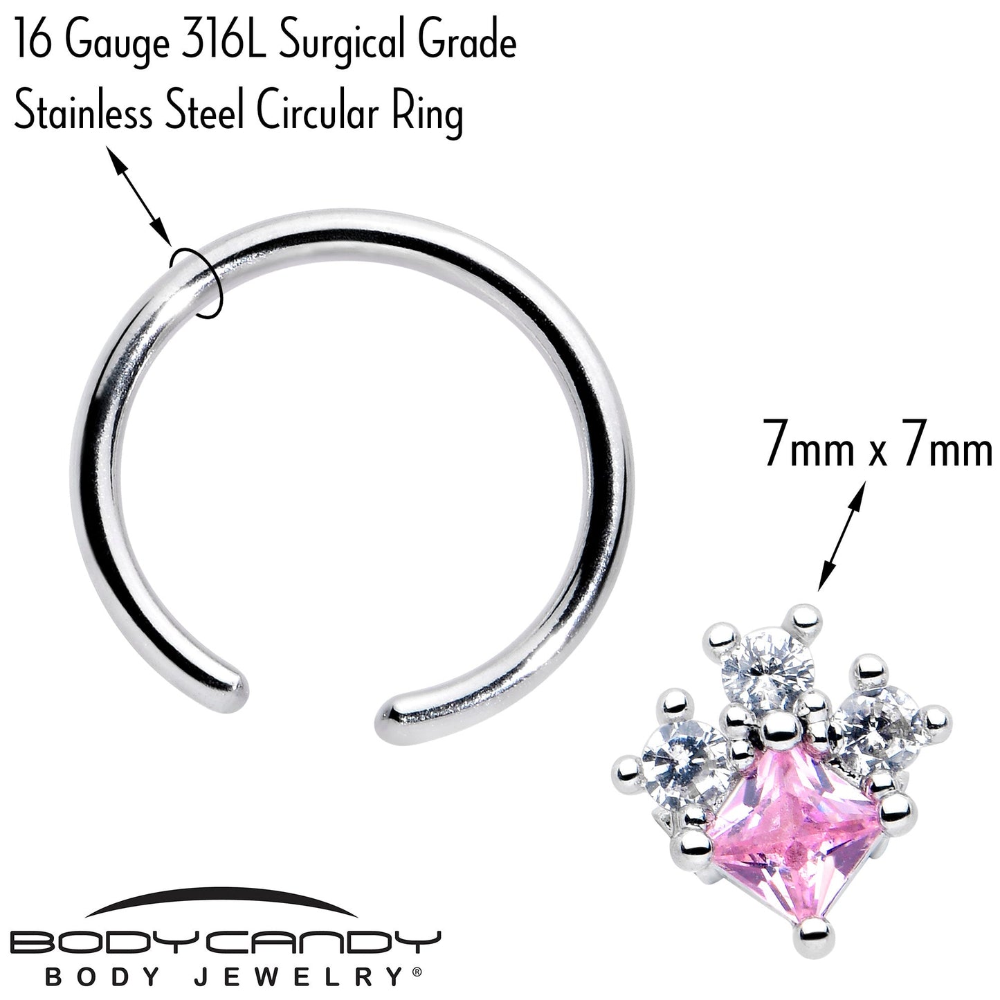 16G 3/8 Pink Clear CZ Gem Rhombus Riot BCR Captive Ring