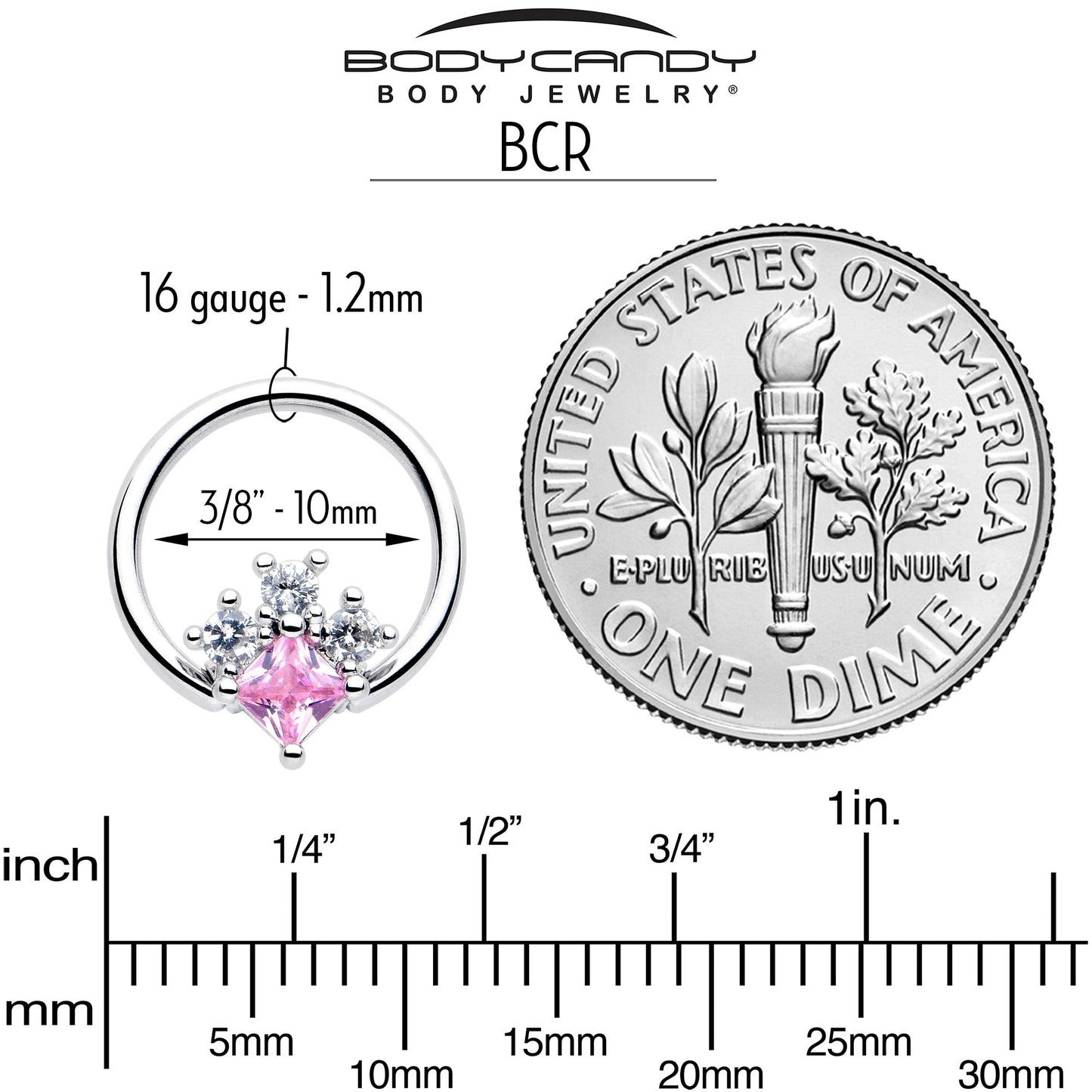 16G 3/8 Pink Clear CZ Gem Rhombus Riot BCR Captive Ring