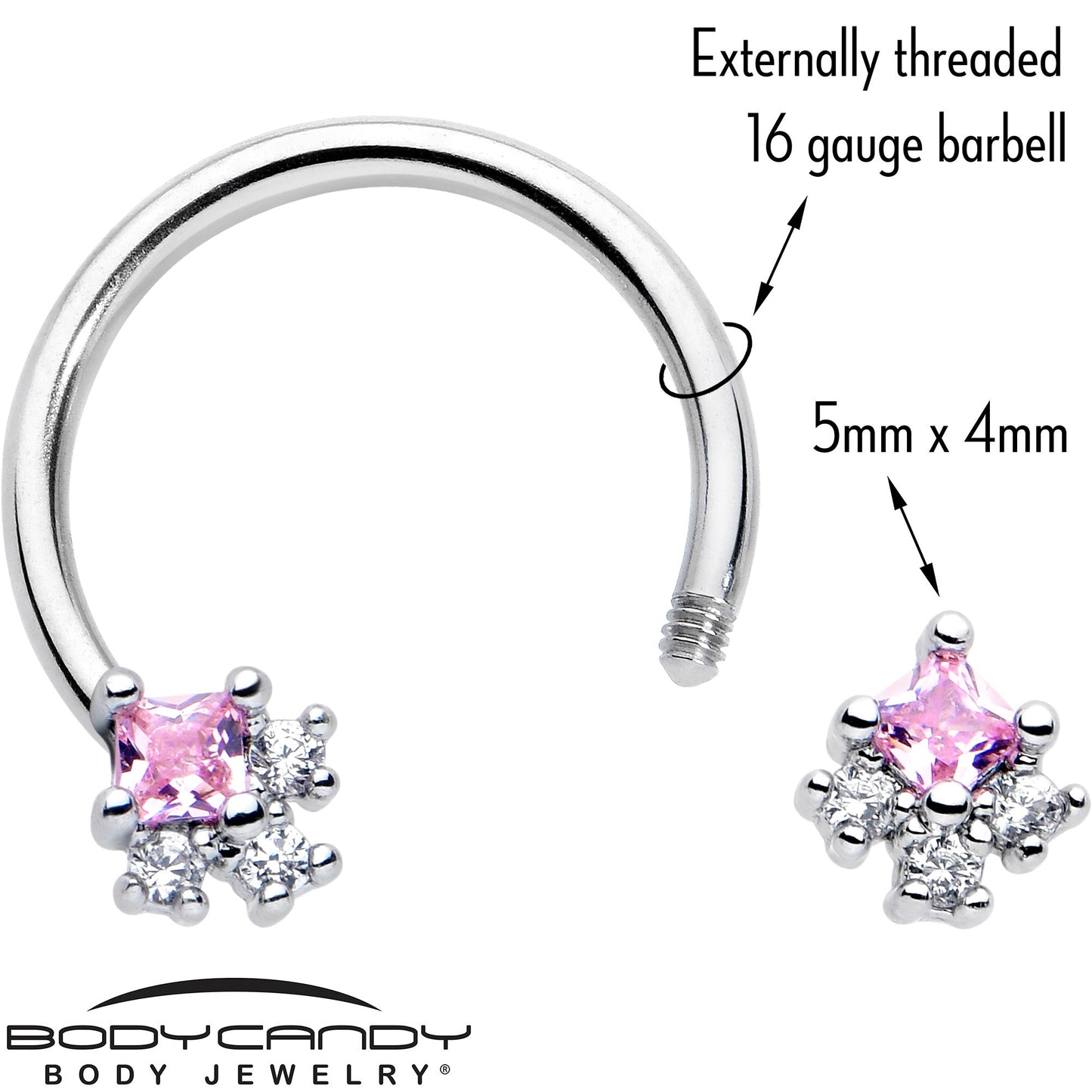 16G 3/8 Pink CZ Gem Rhombus Riot Horseshoe Circular Barbell