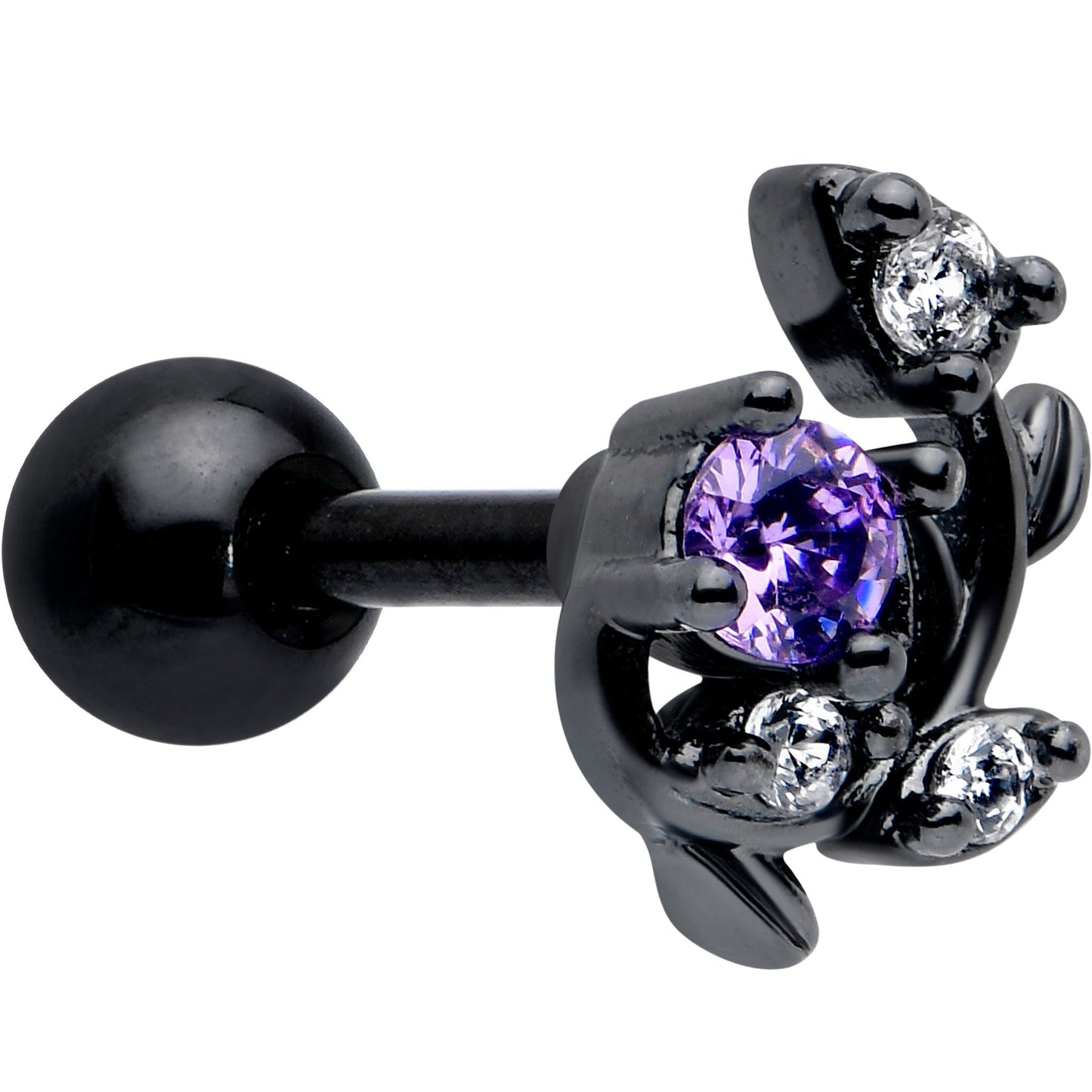 16G 1/4 Purple CZ Gem Black Twining Vine Cartilage Tragus Earring