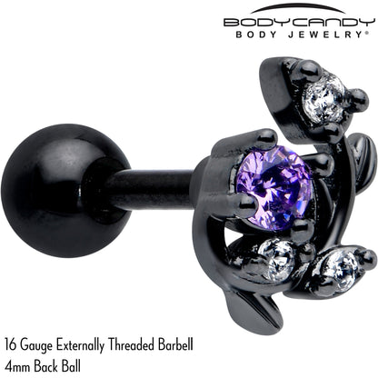 16G 1/4 Purple CZ Gem Black Twining Vine Cartilage Tragus Earring