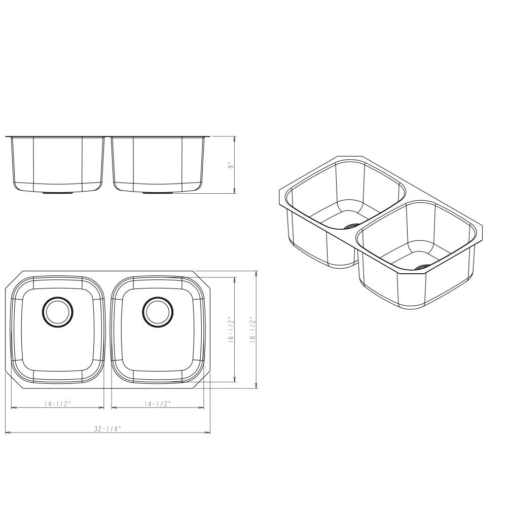 32-1/4" L x 18-1/2" W x 9" D Undermount 16 Gauge Stainless Steel 50/50 Double Bowl Sink