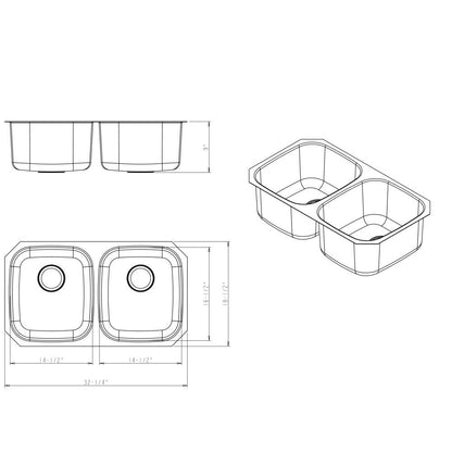 32-1/4" L x 18-1/2" W x 9" D Undermount 16 Gauge Stainless Steel 50/50 Double Bowl Sink
