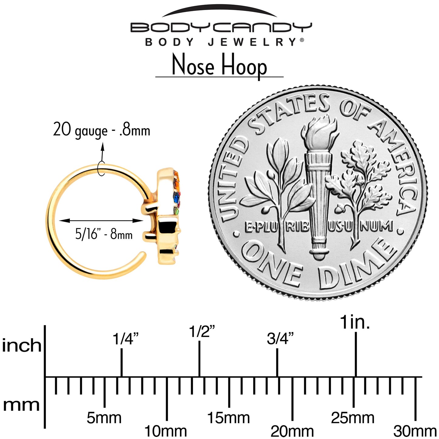 20G 5/16 Red Blue Gem Gold Tone Butterfly Nose Hoop