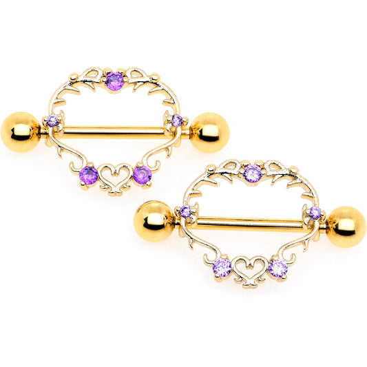 14G 9/16 Purple CZ Gem Gold Tone Heart Filigree Nipple Shield Set