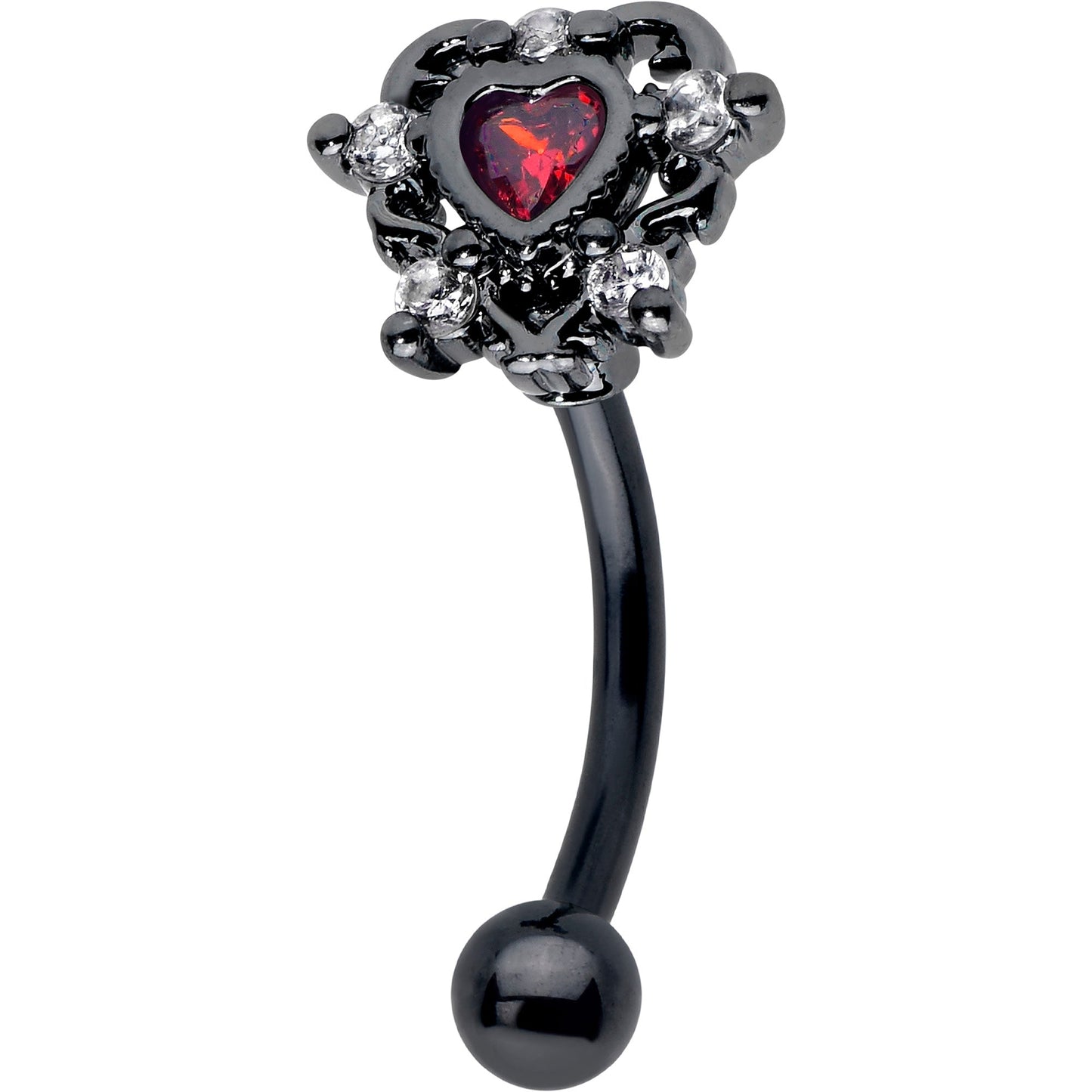 16G 5/16 Red CZ Gem Black Double Heart Curved Eyebrow Ring