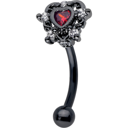 16G 5/16 Red CZ Gem Black Double Heart Curved Eyebrow Ring