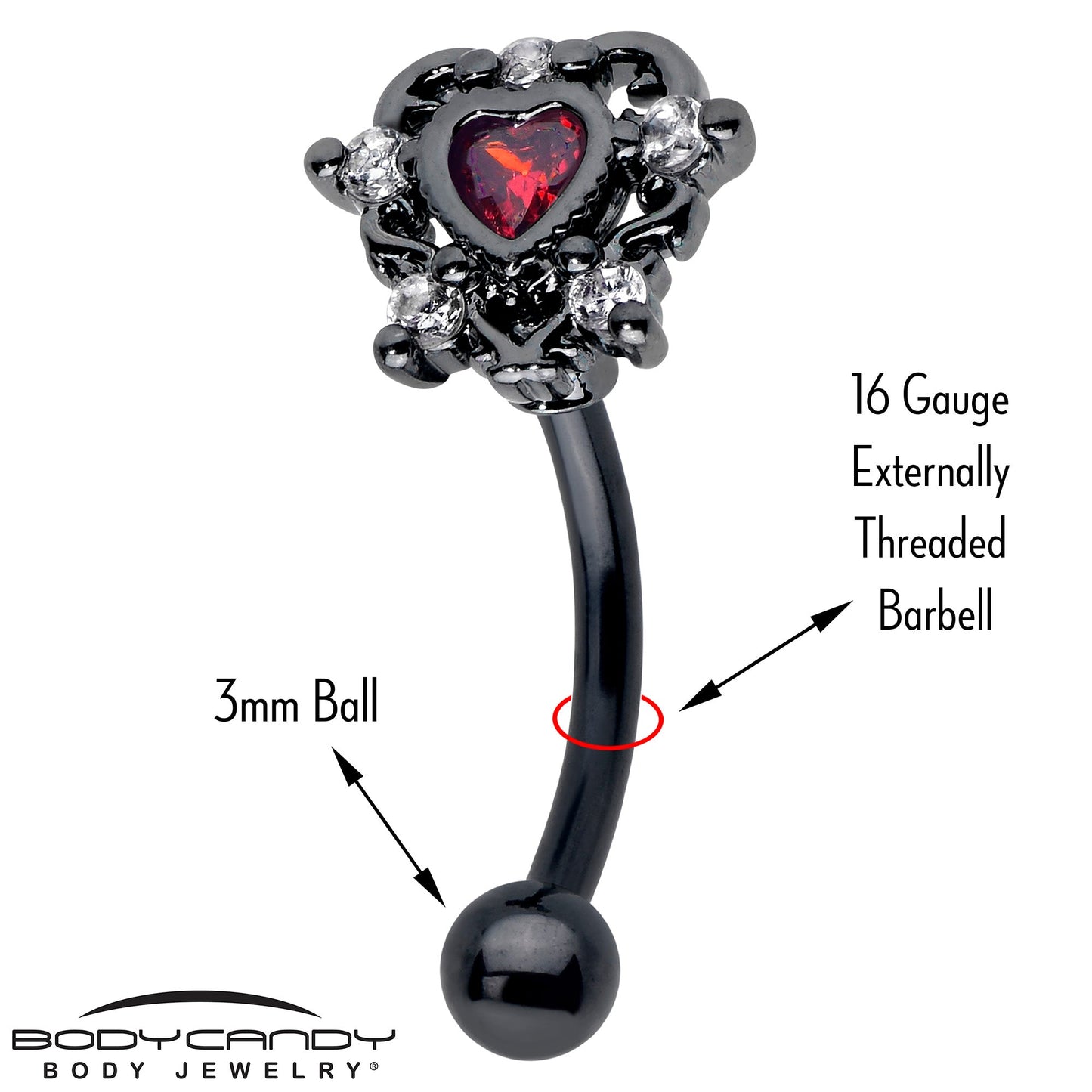 16G 5/16 Red CZ Gem Black Double Heart Curved Eyebrow Ring