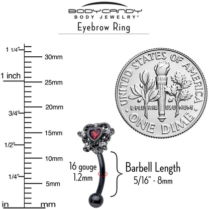 16G 5/16 Red CZ Gem Black Double Heart Curved Eyebrow Ring