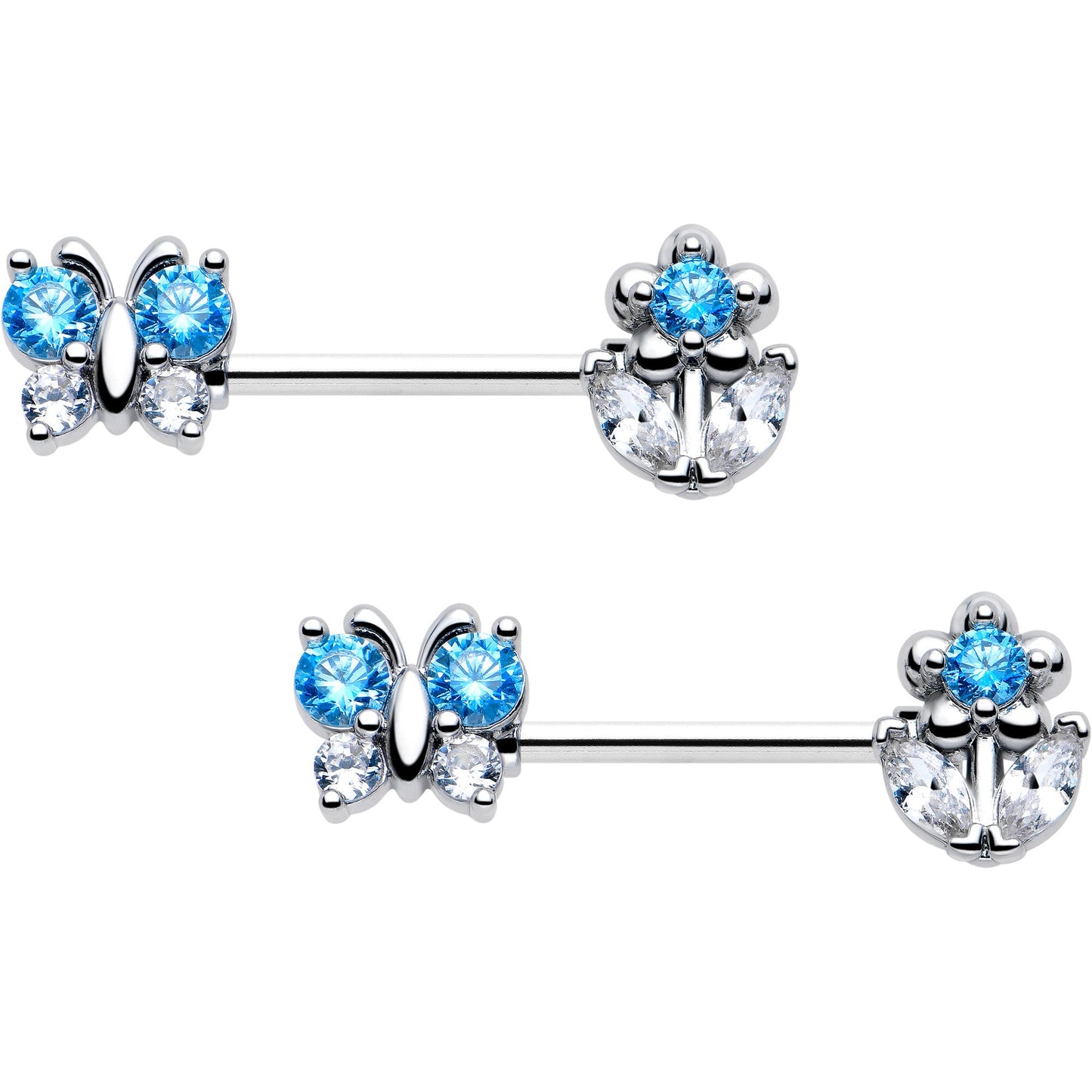 14G 9/16 Blue CZ Gem Butterfly Fantasy Barbell Nipple Ring Set