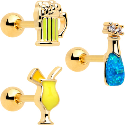 16G 1/4 Clear Gem Gold Tone Happy Hour Cartilage Earrings Set of 3