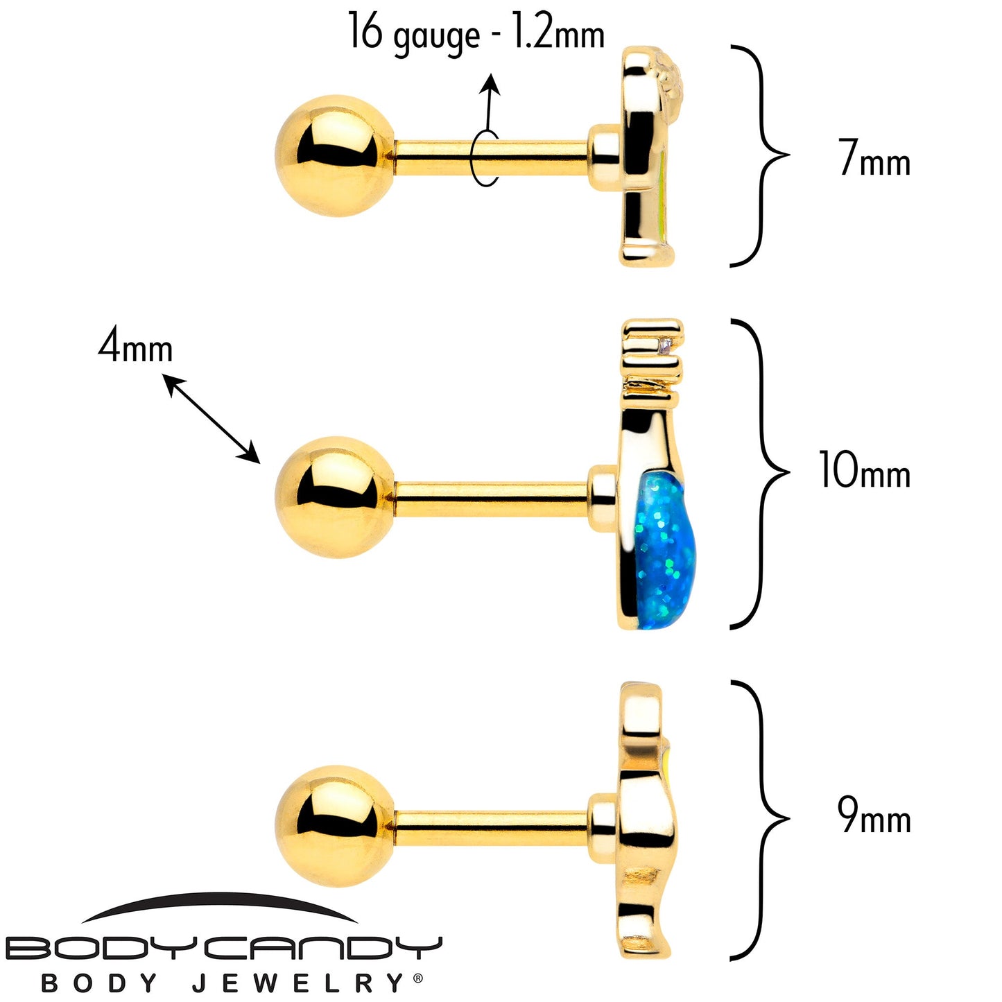 16G 1/4 Clear Gem Gold Tone Happy Hour Cartilage Earrings Set of 3