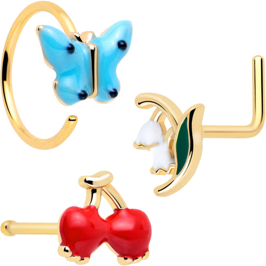20G Gold Tone Cherry Flower L Shape Nose Hoop Nose Bone Set of 3