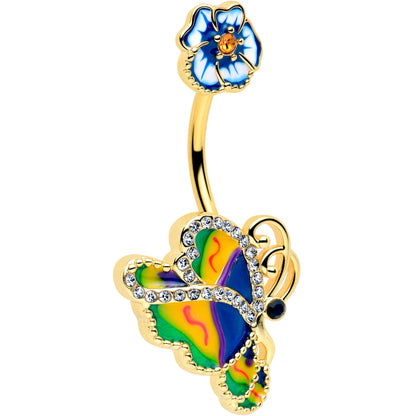 Clear Yellow Gem Gold Tone Butterfly Colors Double Mount Belly Ring