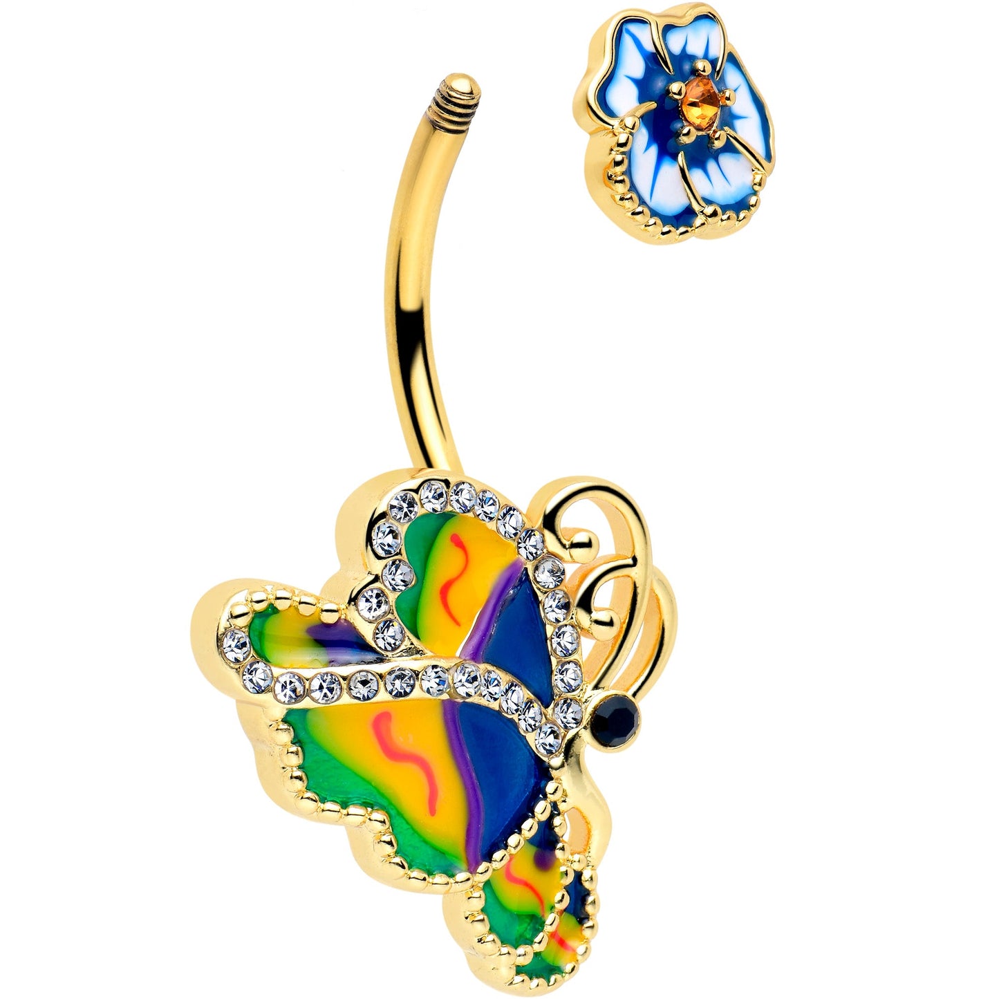 Clear Yellow Gem Gold Tone Butterfly Colors Double Mount Belly Ring
