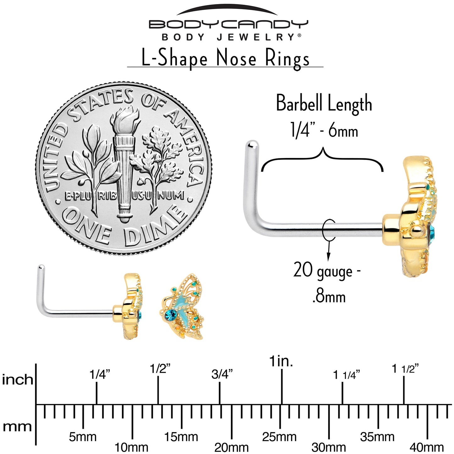 20G 7mm Blue Gem Ribbon Butterfly L Shape Nose Ring