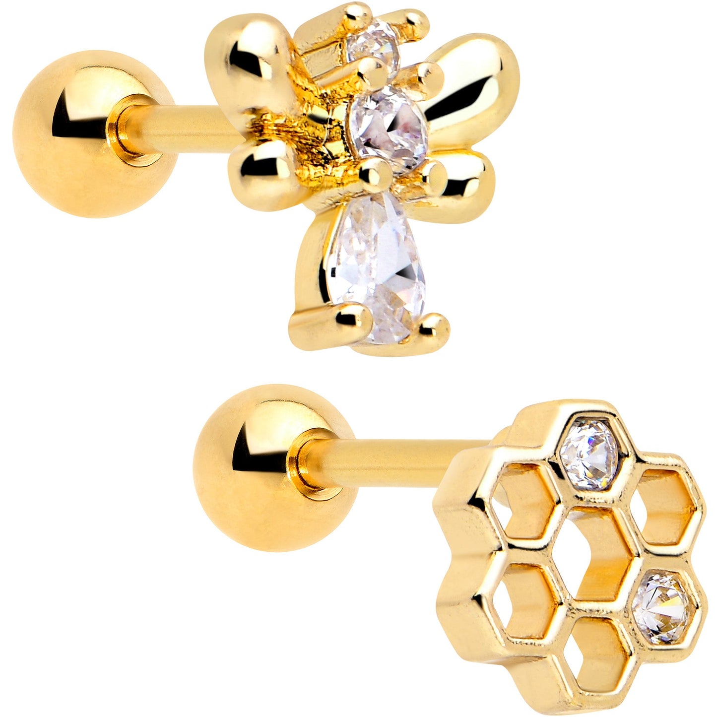 16G 1/4 Clear CZ Gem Gold Tone Bee Hive Luv Cartilage Earring Set of 2