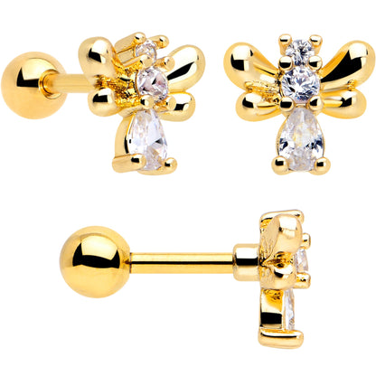 16G 1/4 Clear CZ Gem Gold Tone Bee Hive Luv Cartilage Earring Set of 2