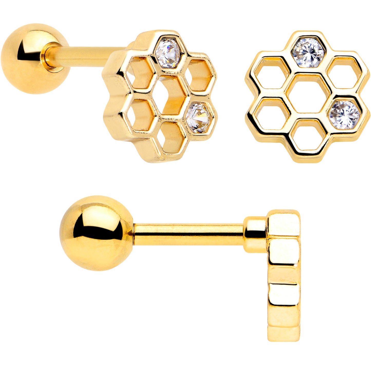 16G 1/4 Clear CZ Gem Gold Tone Bee Hive Luv Cartilage Earring Set of 2