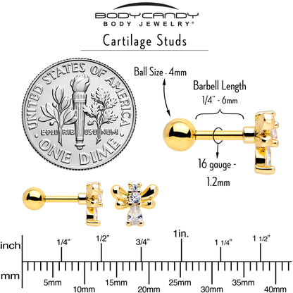 16G 1/4 Clear CZ Gem Gold Tone Bee Hive Luv Cartilage Earring Set of 2