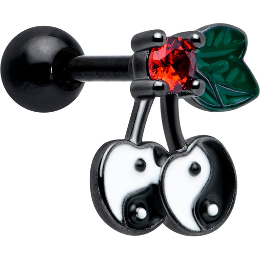 16G 1/4 Red CZ Gem Black Yin Yang Cherry Cartilage Tragus Earring