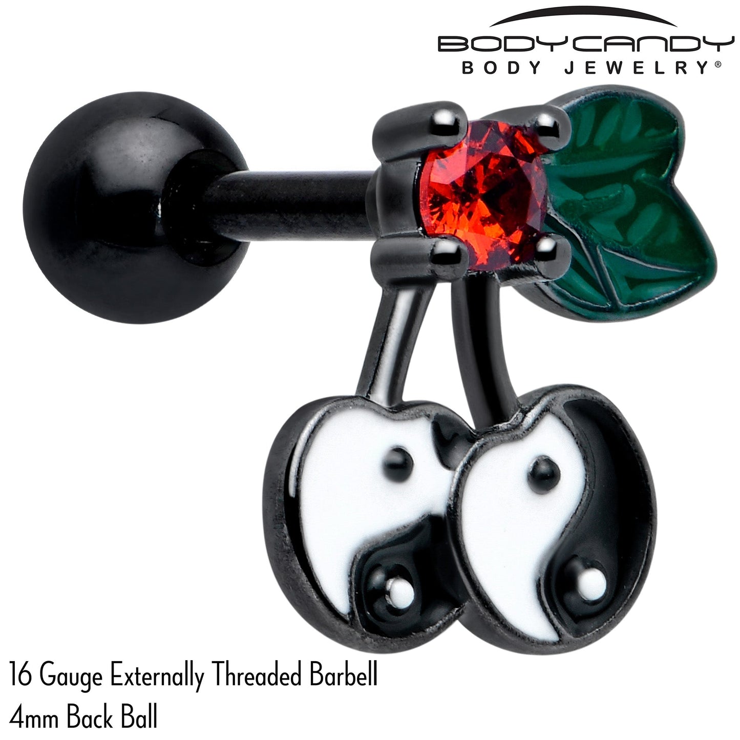 16G 1/4 Red CZ Gem Black Yin Yang Cherry Cartilage Tragus Earring