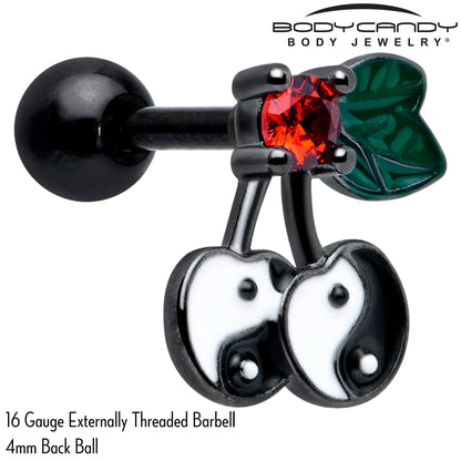 16G 1/4 Red CZ Gem Black Yin Yang Cherry Cartilage Tragus Earring